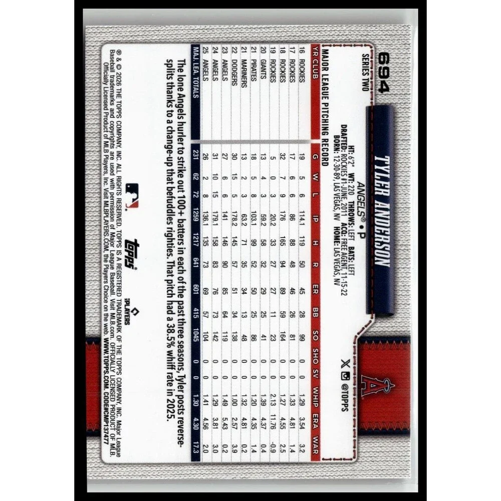 2026 Topps Tyler Anderson #694 Los Angeles Angels Gold #/2026